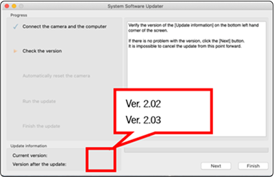 The [Current Version] on the lower left of the screen is showing 2.02 or earlier, and the [Version after the update] is showing 2.03.