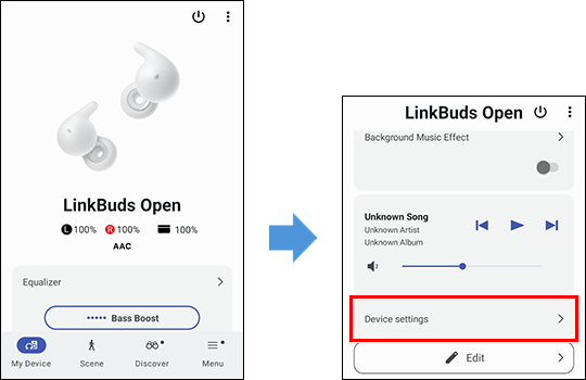 Slike zaslona aplikacije Sony | Sound Connect. Prva slika prikazuje zaslon [My Device] (Moj uređaj) aplikacije. Druga slika prikazuje isti zaslon kad se klizne prema dolje uz [Device settings] (Postavke uređaje) prikazan na dnu zaslona.