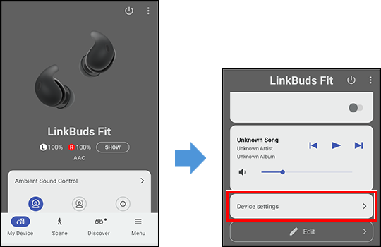 Sony | Sound Connect app screen images. The first image shows the [My Device] screen of the app. The second image shows the same screen scrolled down, with [Device settings] displayed at the bottom of the screen.