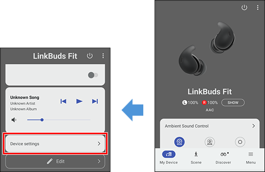 صور شاشة تطبيق Sony | Sound Connect. تُظهر الصورة الأولى شاشة [My Device (جهازي)] في التطبيق. تُظهر الصورة الثانية الشاشة نفسها بعد التمرير لأسفل، مع عرض [Device settings (إعدادات الجهاز)] في أسفل الشاشة.