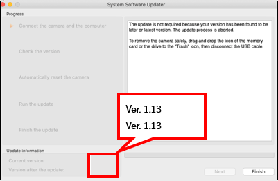 The [Current version] and [Version after the update] are displayed as 1.13 at the bottom left of the screen.  