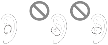 There are three illustrations. The left one indicates the earbuds attached correctly, whereas the center and right ones indicate the earbuds are attached at incorrect direction with the microphones not aligned with mouth