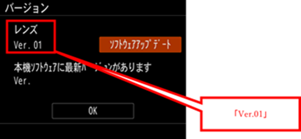 レンズ本体ソフトウェアのバージョンが表示されている画面。「ver. 01」であることを確認します。