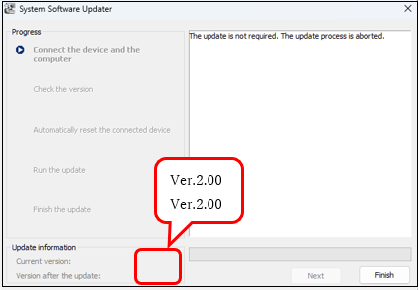[Current version] (Trenutačna verzija) i [Version after the update] (Verzija nakon ažuriranja) prikazuju se kao 2.00 u donjem lijevom kutu zaslona.