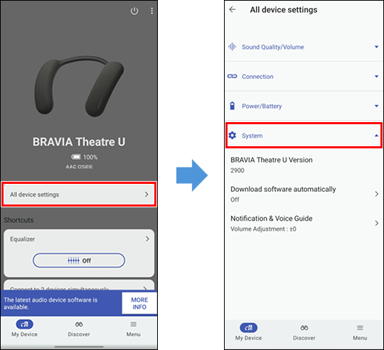 Sony | Sound Connect app screens. The first image shows the [My Device] screen with [All device settings] displayed in the center. The second image shows the [System] menu with the software version displayed.