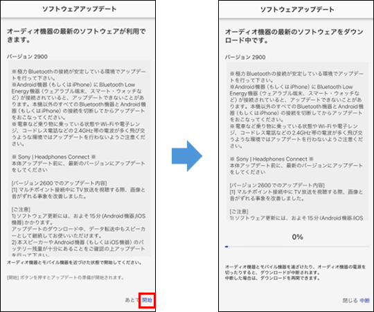 1枚目は画面右下に「あとで」と「開始」ボタンが表示されている。2枚目はソフトウェアをダウンロード中の画面で、画面下部の進行バーが左から右に進んでいる。
