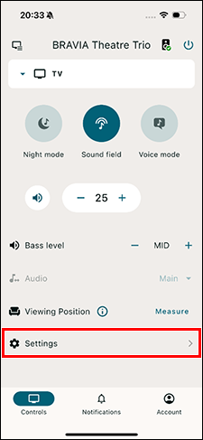 [Settings] (Einstellungen) wird etwas unterhalb der Mitte des Bildschirms angezeigt.