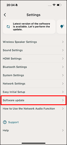[Software Update] (Softwareaktualisierung) befindet sich in der achten Zeile von oben.