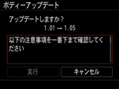 アップデートしますか？の画面。スクロール位置が一番上にある状態。実行ボタンはグレーアウト、キャンセルボタン。