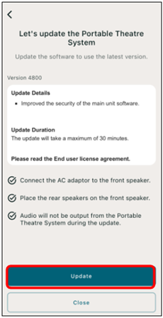 At the bottom of the screen, the [Update] and [Close] buttons are lined up one above the other. The [Update] button is at the top.