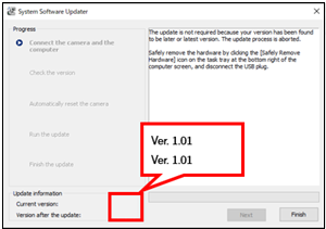 The [Current version] and [Version after the update] are displayed as 1.01 at the bottom left of the screen. 