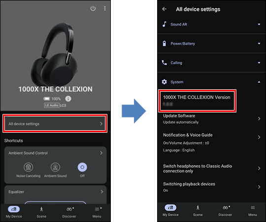 Sony | Sound ConnectImagens da tela do aplicativo. A primeira imagem mostra a tela [Meu Dispositivo] com [Todas as configurações do dispositivo] exibida. A segunda imagem mostra a versão do firmware do dispositivo em [Sistema] no menu Todas as configurações do dispositivo.