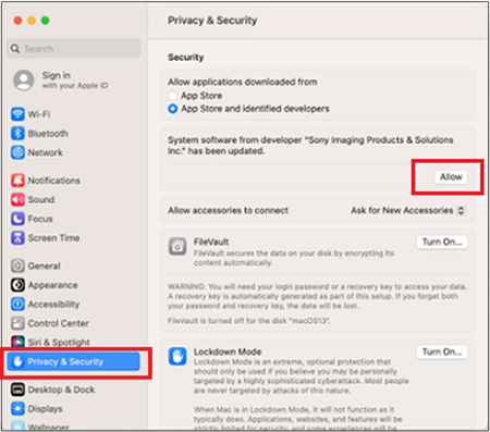 [Privacy and Security] is located at the bottom left of the screen. The [Allow] button is displayed on the right side of the center area of the screen.