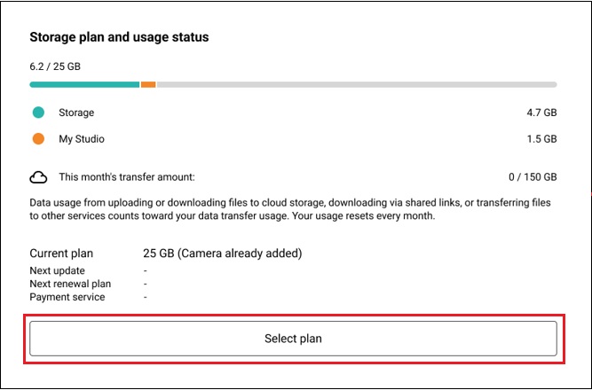 Creators' Cloud usage screen. "Select plan" at the bottom is highlighted.