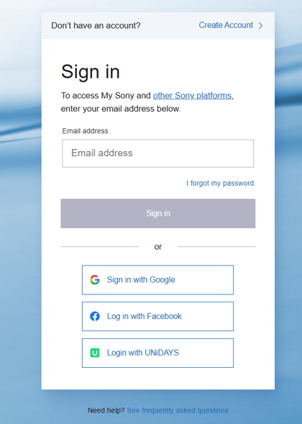 My Sony-Anmeldeseite, mit der Option "Konto erstellen" oben rechts und E-Mail-Optionen für Google, Facebook und UNiDAYS unten.