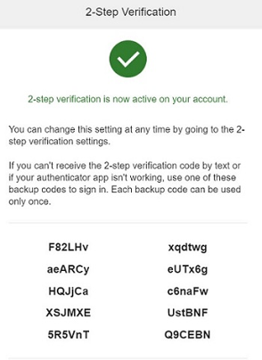 Bestätigungsbildschirm für die 2-Schritte-Verifizierung zeigt zehn Beispiel-Backup-Codes unter der aktiven Statusmeldung.