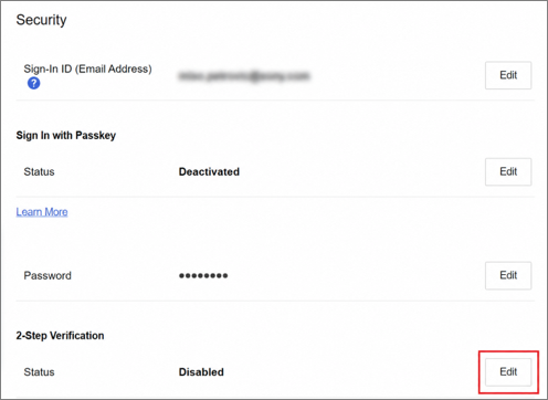 Sony-Kontosicherheitsseite, mit dem Bearbeiten-Button für die 2-Schritte-Verifizierung unten rechts hervorgehoben.