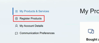 My Sony-Homepage, mit Produkten registrieren im linken Menü "Meine Produkte und Dienstleistungen" hervorgehoben.