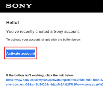 Sony-Kontoaktivierungs-E-Mail, mit dem blauen Button "Konto aktivieren" über dem Aktivierungslink.