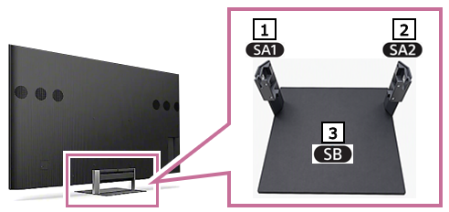 BRAVIA TV stand components showing Stand Arm SA1, Stand Arm SA2, and Stand Base SB.