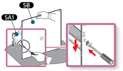 Keep press the locking tab, slide Stand Arm SA1 or SA2 downward to remove it from the Stand Base.