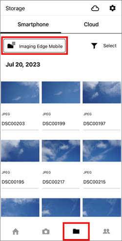 The app's Storage screen. The folder name at the upper left of the screen and the option "Storage" at the bottom of the screen are highlighted.