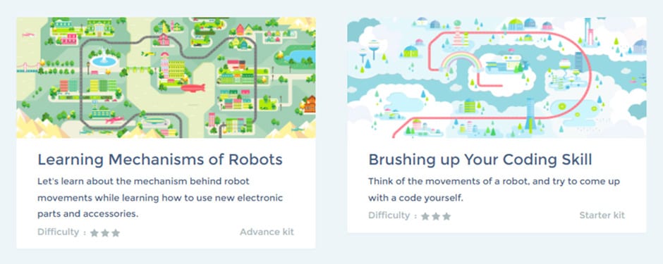 Learning Mechanisms of Robots Let's learn about the mechanism behind robot movements while learning how to use new electronic parts and accessories. Difficulty:★★★ Advance kit Brushing up Your Coding Skill Think of the movements of a robot, and try to come up with a code yourself. Difficulty:★★★ Starter kit 