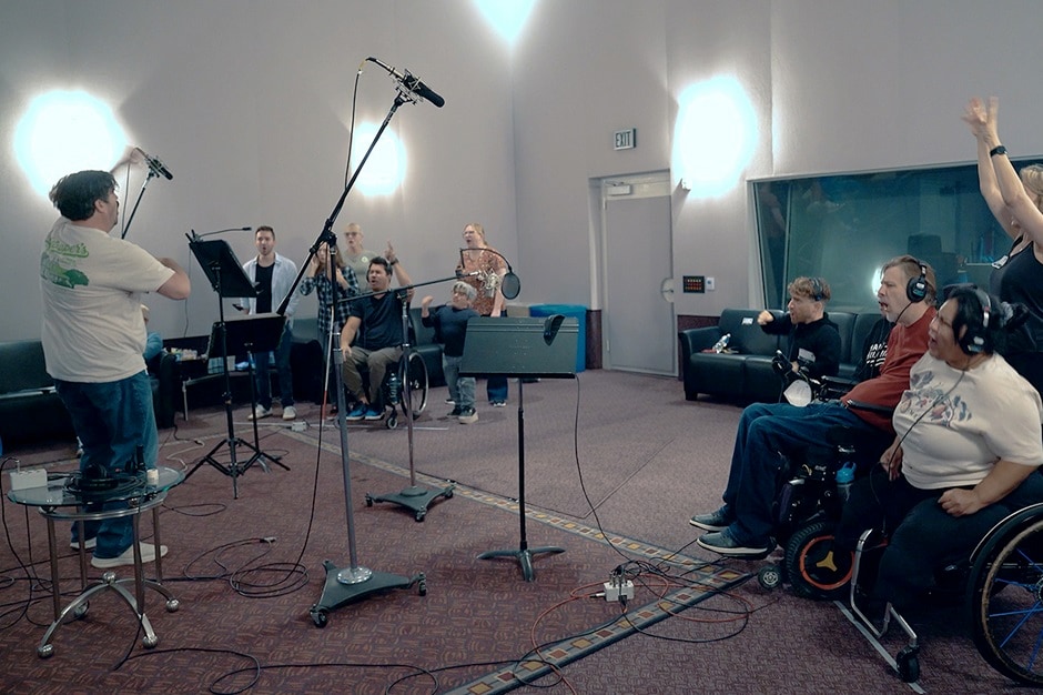 A scene from the loop group's voice recording session for the film GOAT