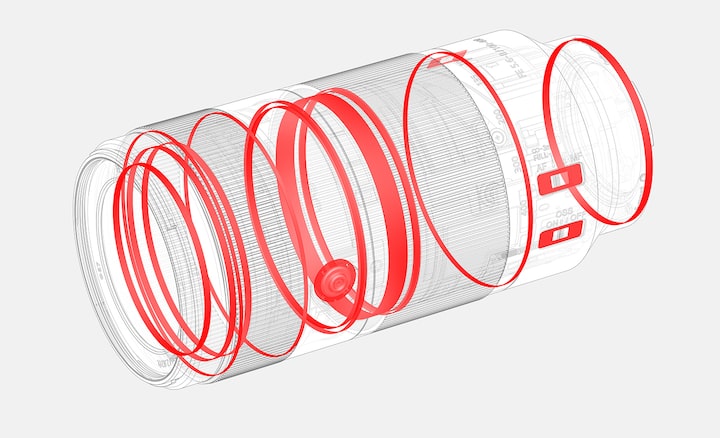 A wireframe diagram of a camera lens illustrating its weather-resistant sealing.