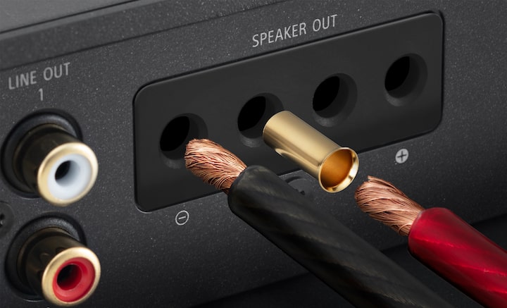 View of the XM-1ES Mobile ES mono power amplifier speaker terminal features