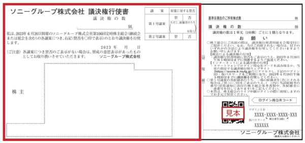 ソニーグループ株式会社　議決権行使書の見本画像
